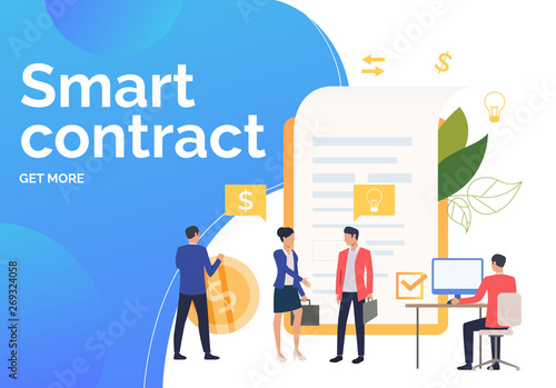 Business people working, concluding contract, sample text. Partnership, smart contract concept. Presentation slide template. Vector illustration for topics like business, technology, management