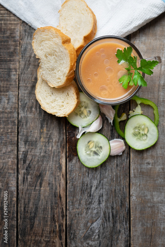 Spanish tomato gazpacho soup with garlic, bread and green pepper