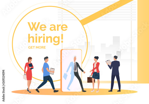 Employment agency searching for job applicants. HR, headhunting, hiring concept. Presentation slide template. Vector illustration for topics like business, recruitment, employment