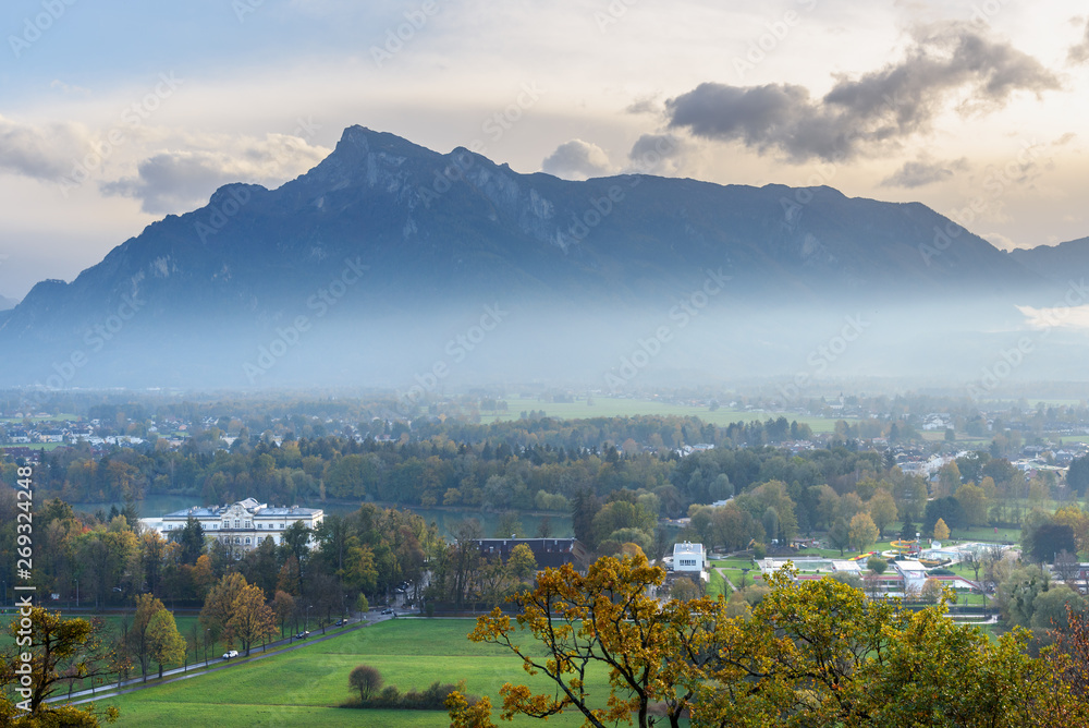 View on Salzburg and mountain Untersberg from mountain Monchsberg. Austria