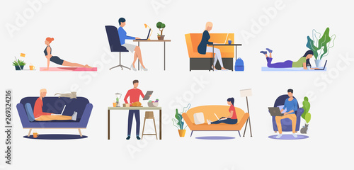 Set of people using computers and having rest. Men and women sitting on sofas, freelancing, cooking and practicing yoga. Vector illustration can be used for presentation slide, commercial, business