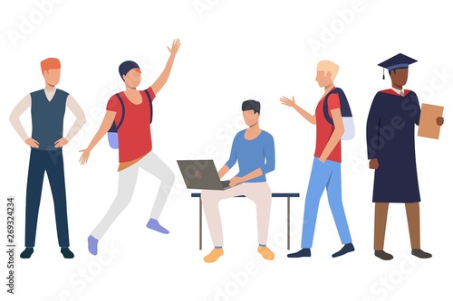Collection of interracial students enjoying life. Bundle of ambitious students with satchels. Vector illustration can be used for educational project, article, publication