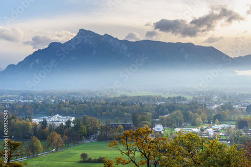 Obraz na płótnie View on Salzburg and mountain Untersberg from mountain Monchsberg. Austria w salonie