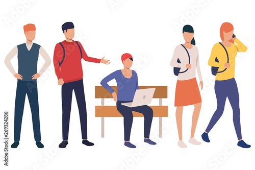 Collection of student girls and boys at school break. Group of high school students with bags and devices. Vector illustration can be used for advertisement, student life, promo