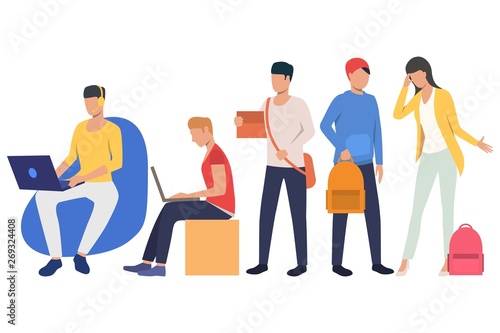 Set of young students busy with different activities. Group of flat cartoon characters using portable gadgets. Vector illustration can be used for presentation, educational project, podcast cover