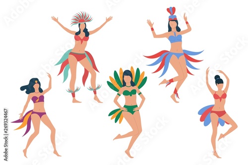 Set of carnival dancers. Girls wearing bikini and show costumes and dancing. Show concept. Vector illustration can be used for topics like party, carnival, Brazil