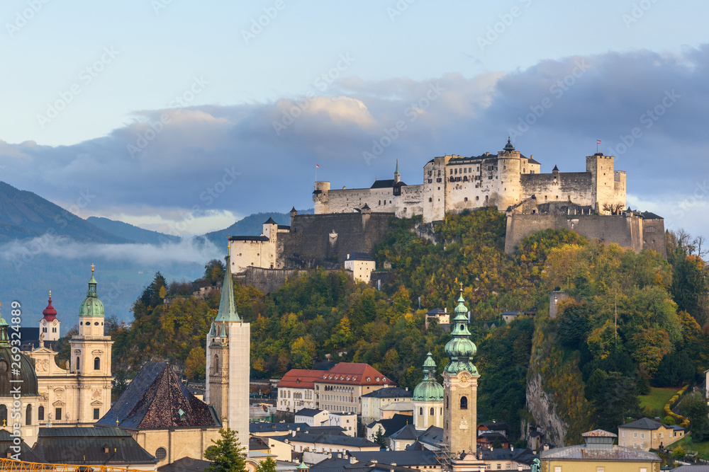 View of Salzburg and Hohensalzburg Fortress on the hill. Austria