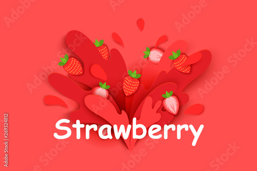 strawberry juice splashes and drops in a paper cut style. strawberry slices and paper slices. soft shadows and rich bright colors. stock vector illustration.