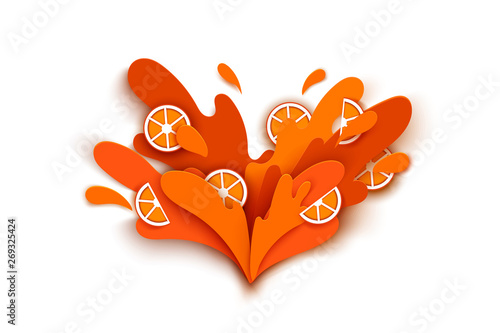orange juice splashes and drops in a paper cut style. orange slices and paper slices. soft shadows and rich bright colors. stock vector illustration.