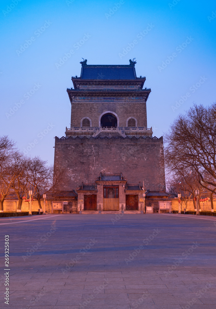 Night view of Beijing Clock Tower, China, famous travel classic
