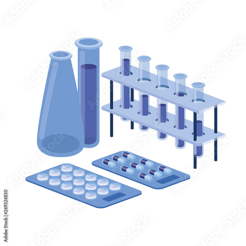 laboratory instruments with medicines in white background