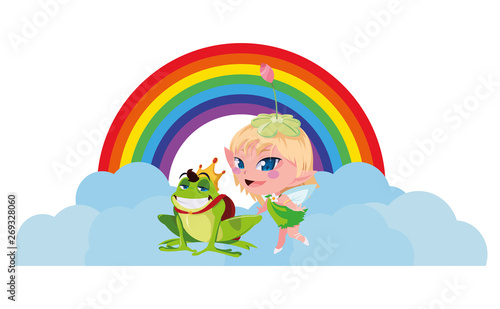 beautiful magic fairy with toad prince and rainbow