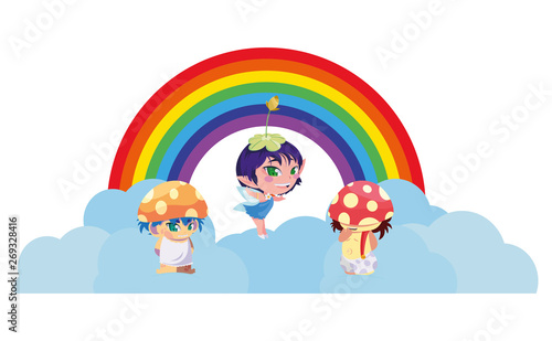 fungus elfs and fairy with rainbow