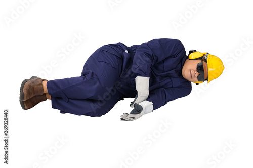 worker in Mechanic Jumpsuit had an accident at work isolated on white background