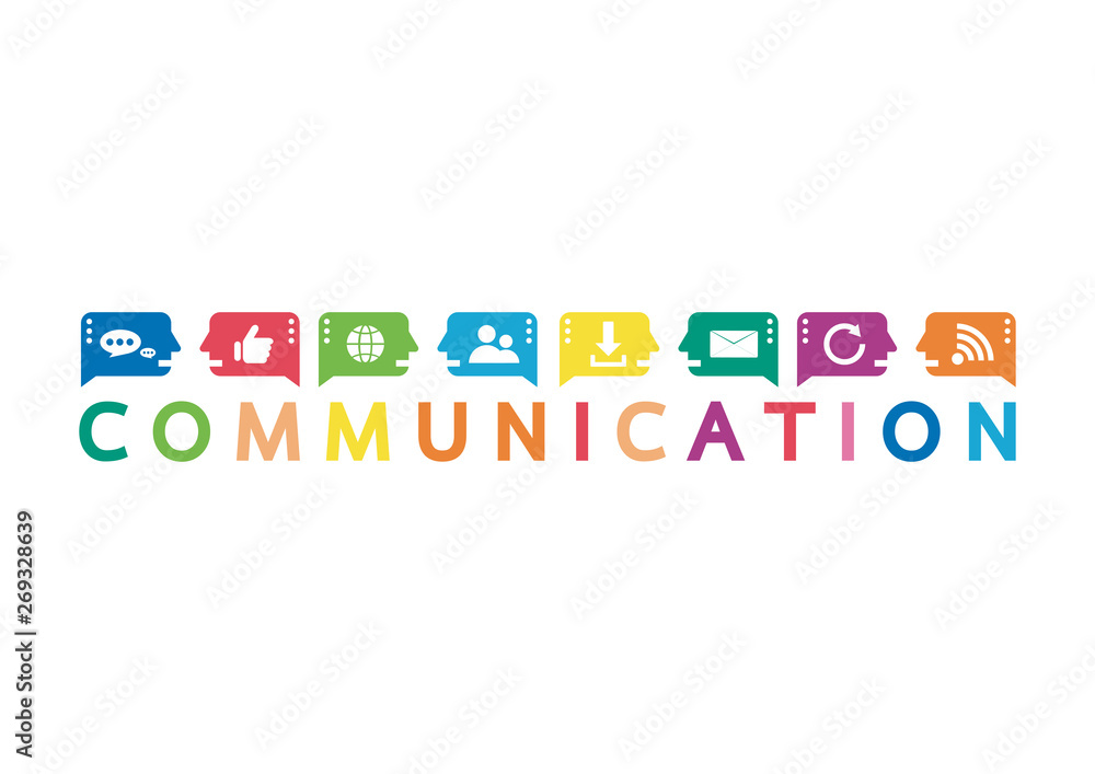 Vector illustration of a communication concept. The word communication with colorful dialog speech bubbles