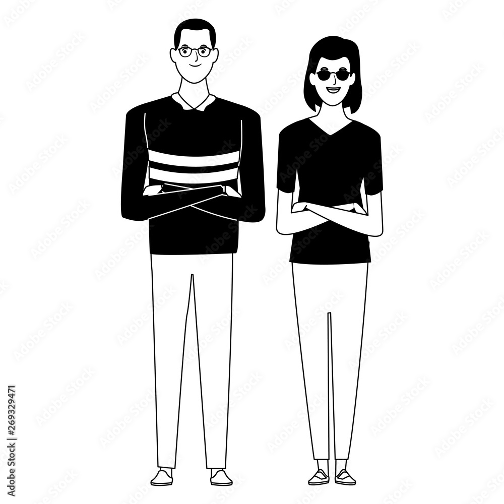 couple avatar cartoon character in black and white vector illustration couple avatar cartoon character in black and white vector illustration