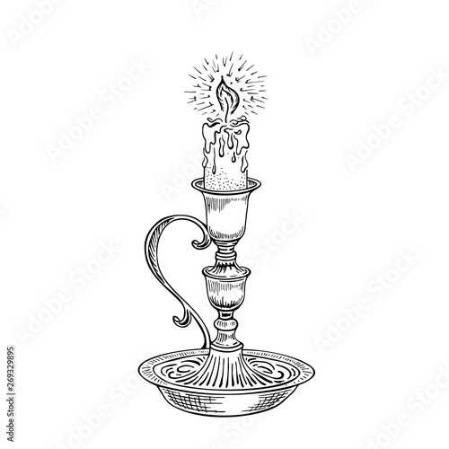 Hand drawn burning candle in candlestick isolated on white background. Sketch ink vector illustration