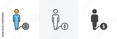 Man with weight debt icon. Line, glyph and filled outline colorful version, Debtor outline and filled vector sign. Symbol, logo illustration. Different style icons set. Vector graphics