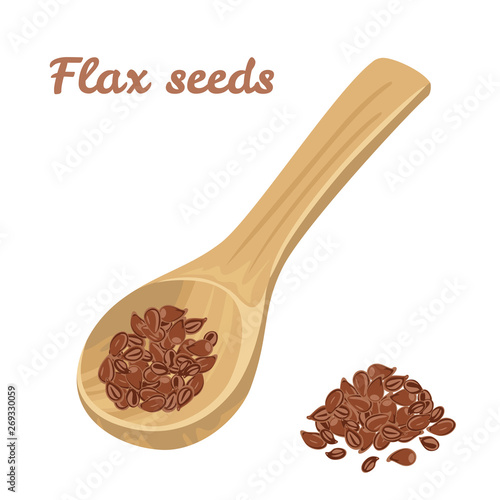Wooden spoon with flax seeds isolated on white background. Vector illustration of health food product in cartoon flat style.