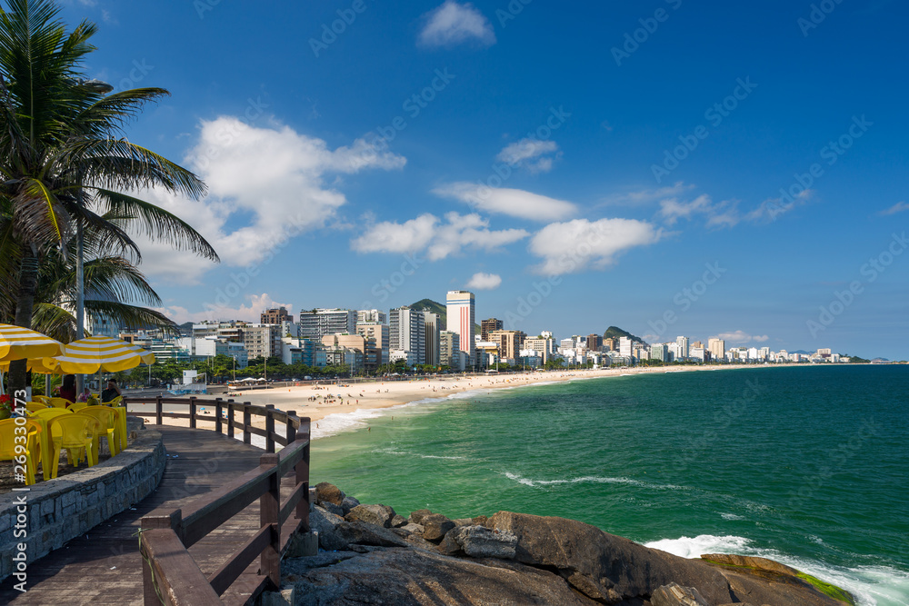 Lookout point to the Ipanema beach at Mirante do Leblon, sandy beach in a hot beautiful sunny summer day, cloudy blue sky, Rio de Janeiro, Brazil. 