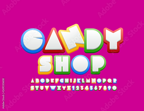 Vector colorful logo Candy Shop with funny Alphabet. Bright Kids Font. Set of Letters, Numbers and Symbols