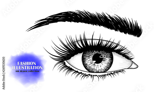 Black and white hand-drawn image of eye with eyebrow and long eyelashes. Fashion illustration. Vector EPS 10.