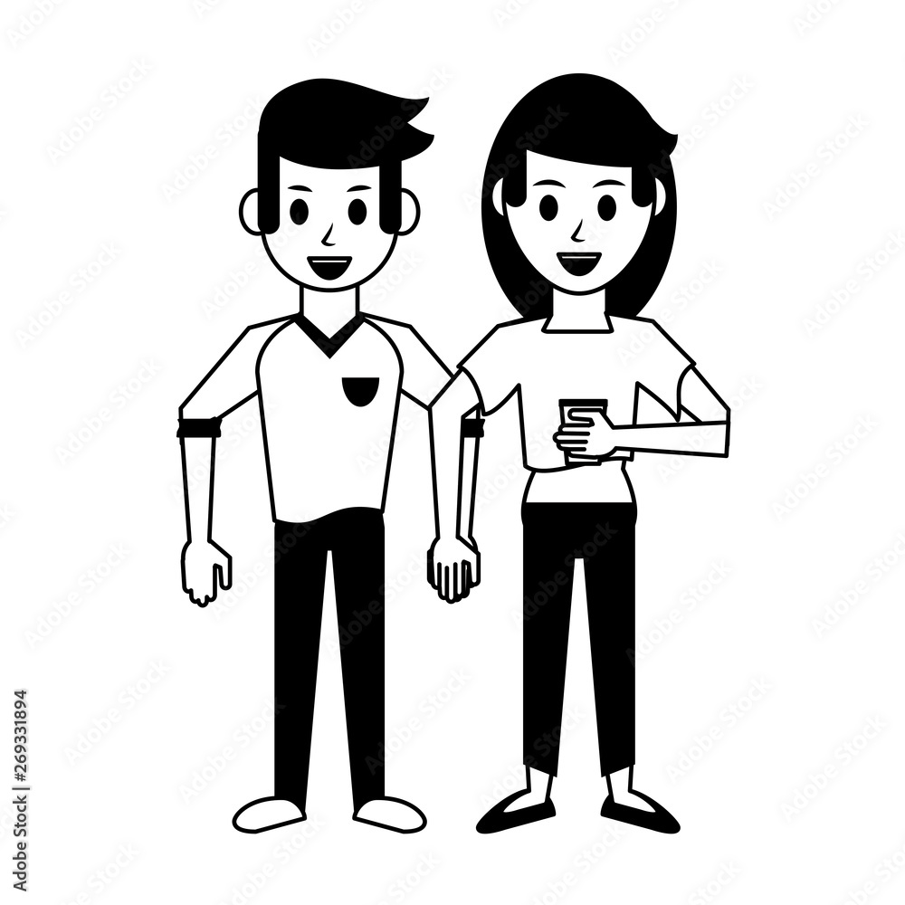 couple drinking coffee cartoon in black and white