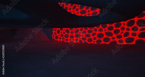 Abstract Concrete Futuristic Sci-Fi interior With Red And Blue Glowing Neon Tubes . 3D illustration and rendering.