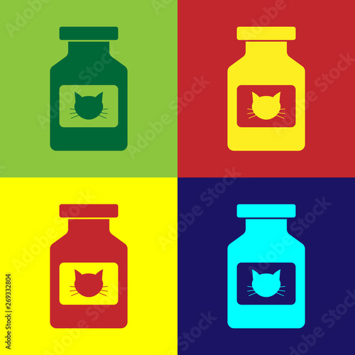 Color Cat medicine bottle icon isolated on color backgrounds. Container with pills. Prescription medicine for animal. Vector Illustration