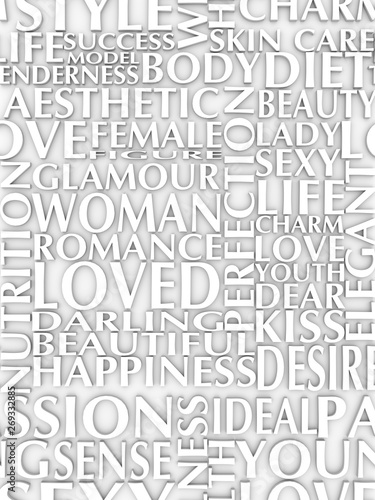 Woman and love relative words. Keywords cloud. 3D rendering