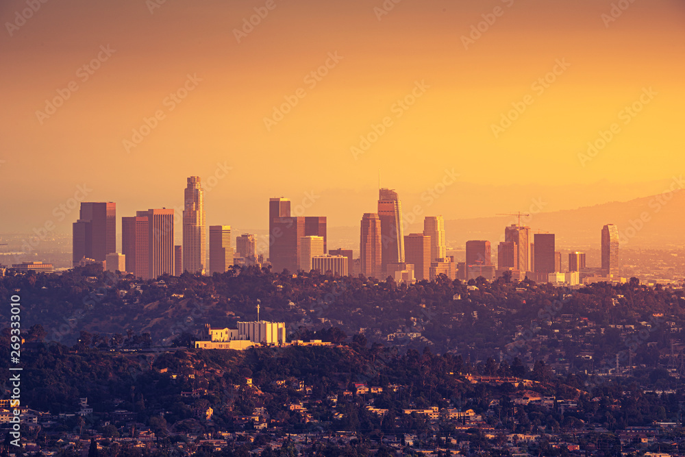 Downtown Los Angeles skyline at sunset