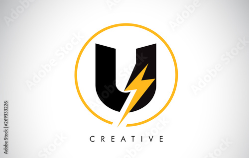 U Letter Logo Design With Lighting Thunder Bolt. Electric Bolt Letter Logo
