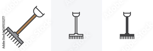 Rake, farming tool icon. Line, glyph and filled outline colorful version, Gardening tool outline and filled vector sign. Symbol, logo illustration. Different style icons set. Vector graphics