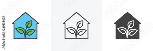 Greenhouse with plant icon. Line, glyph and filled outline colorful version, eco house outline and filled vector sign. Symbol, logo illustration. Different style icons set. Vector graphics