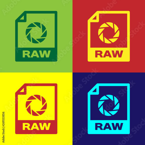 Color RAW file document icon. Download raw button icon isolated on color backgrounds. RAW file symbol. Vector Illustration