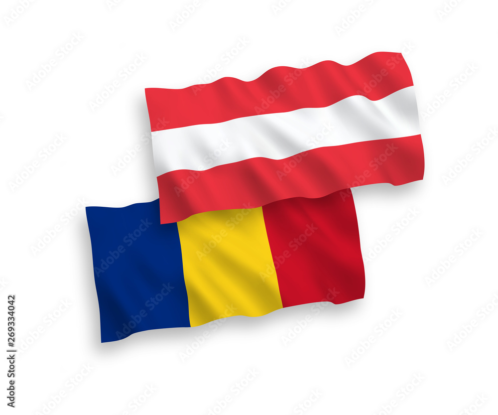 National vector fabric wave flags of Austria and Romania isolated on white background. 1 to 2 proportion. National vector fabric wave flags of Austria and Romania isolated on white background. 1 to 2 proportion.