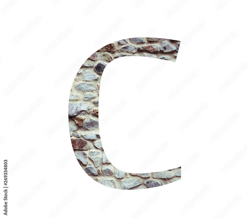Stone font letter C isolated on white background. Letters and symbols. Textured materials. Stone font letter C isolated on white background. Letters and symbols. Textured materials.