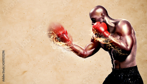 Strong boxer throwing flame hook