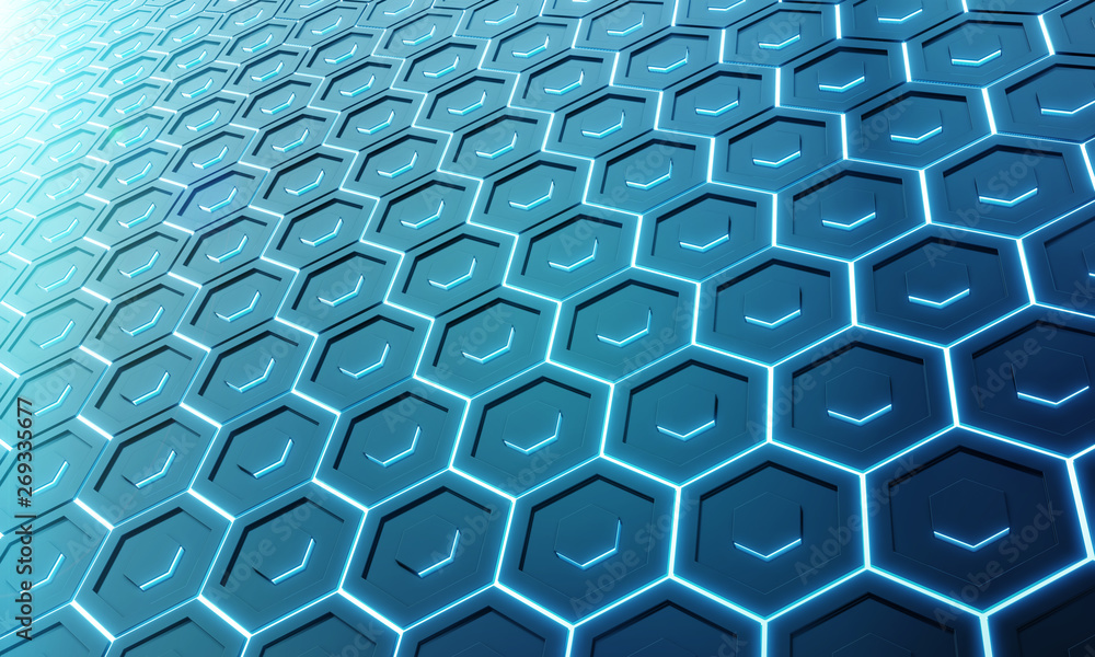Glowing black and blue hexagons background pattern on silver metal surface 3D rendering Glowing black and blue hexagons background pattern on silver metal surface 3D rendering