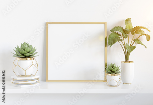 Frame leaning on white shelve in bright interior with plants and decorations mockup 3D rendering