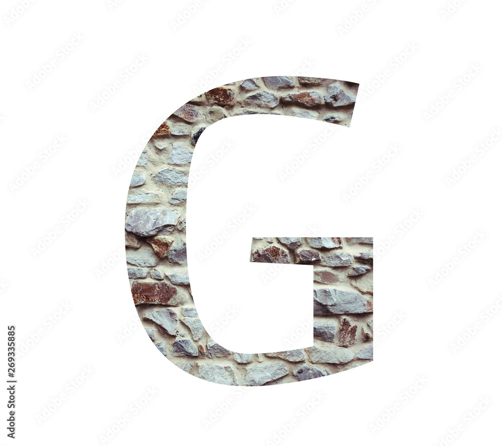 Stone font letter G isolated on white background. Letters and symbols. Textured materials. Stone font letter G isolated on white background. Letters and symbols. Textured materials.