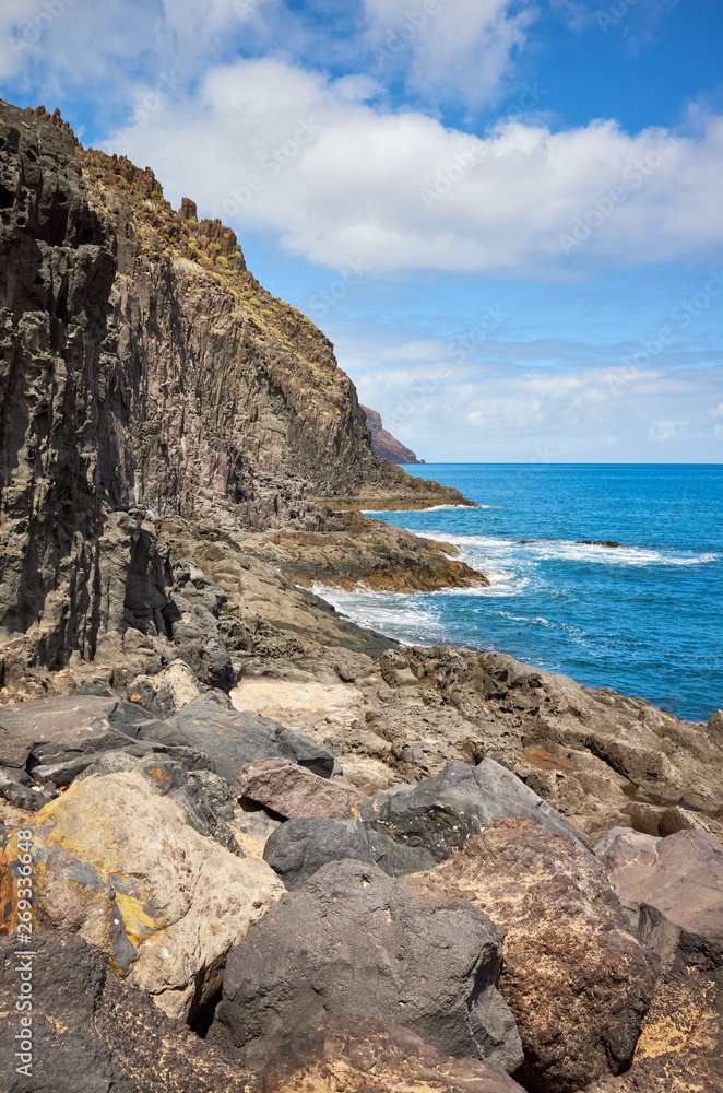 Scenic volcanic rock coast near San Andres, Tenerife.