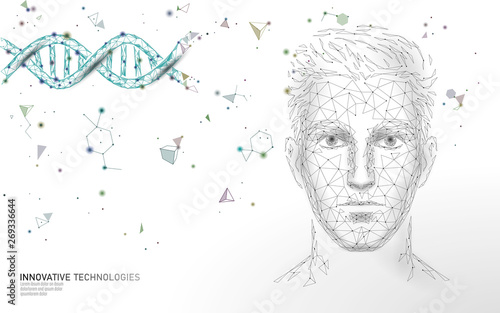 DNA molecule treatment polygonal science research 3D. Low poly male face polygonal medical man health care. Medicine gene helix structure gene vector illustration