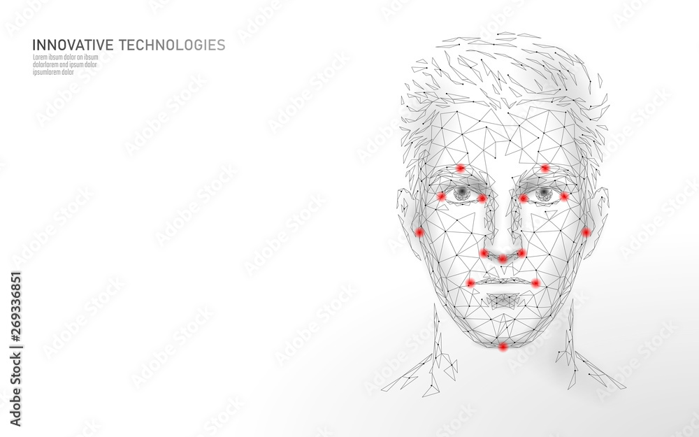 Low poly male human face biometric identification. Recognition system concept. Personal data secure access scanning innovation technology. 3D polygonal rendering vector illustration