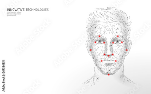 Low poly male human face biometric identification. Recognition system concept. Personal data secure access scanning innovation technology. 3D polygonal rendering vector illustration