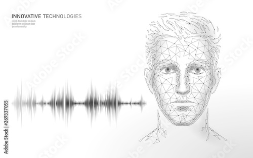 Virtual assistant voice recognition service technology. AI artificial intelligence robot support. Chatbot male man face low poly vector illustration