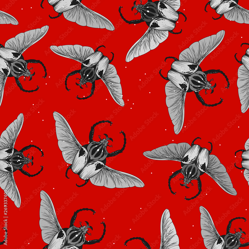 Fototapeta premium Seamless pattern with goliath beetle. Vector