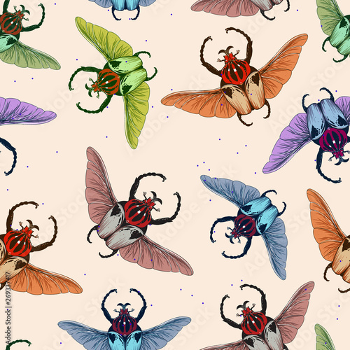 Seamless pattern with goliath beetle. Vector