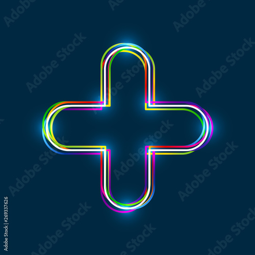 Colorful multi-layered outline of a plus sign with glowing light effect on blue background