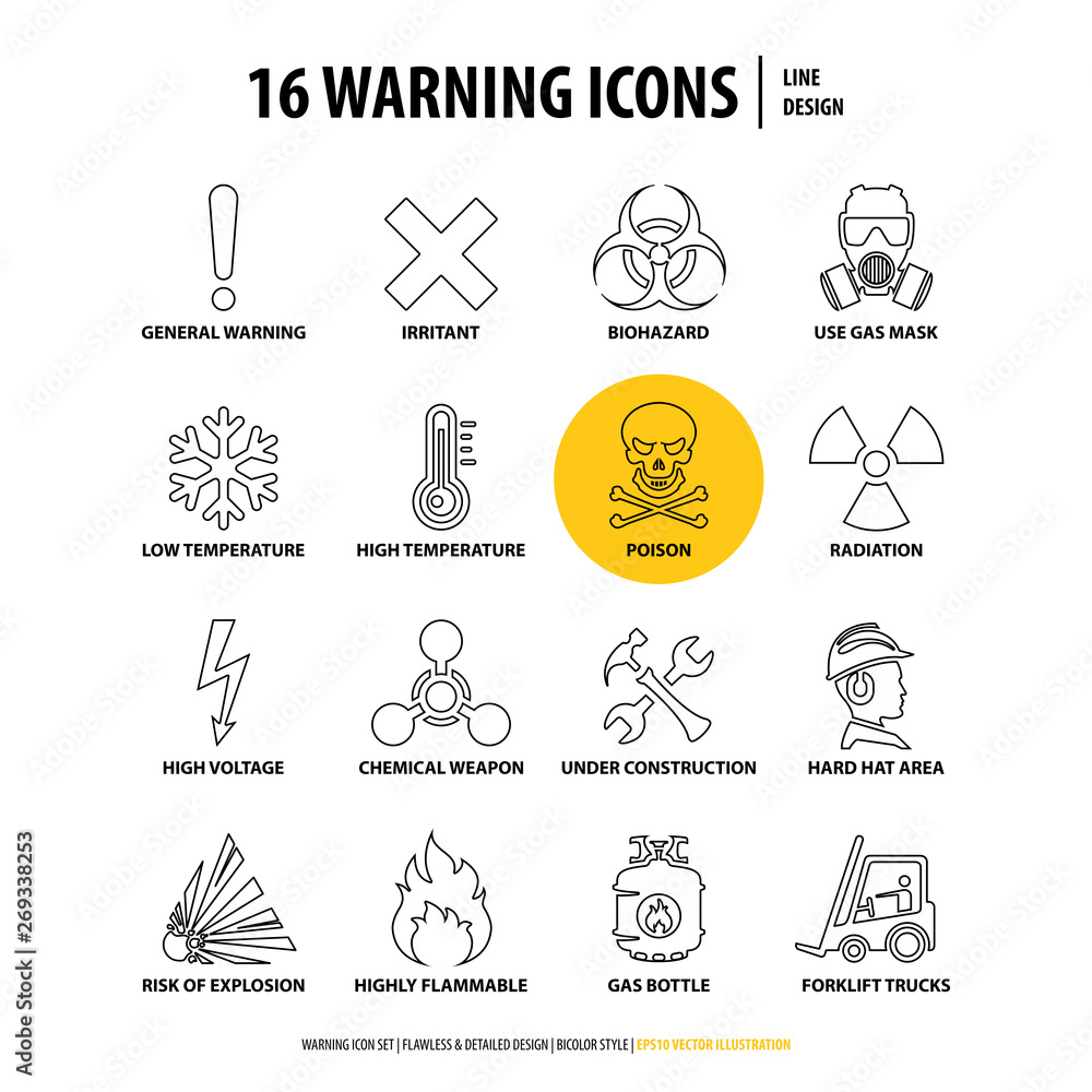 vector set of warning icons, collection of hazard symbols, 16 isolated